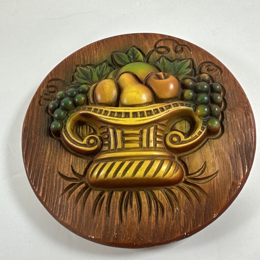 Vintage Round Chalkware‎ Plaques With Fruit Basket 5" 1966 Miller Studio